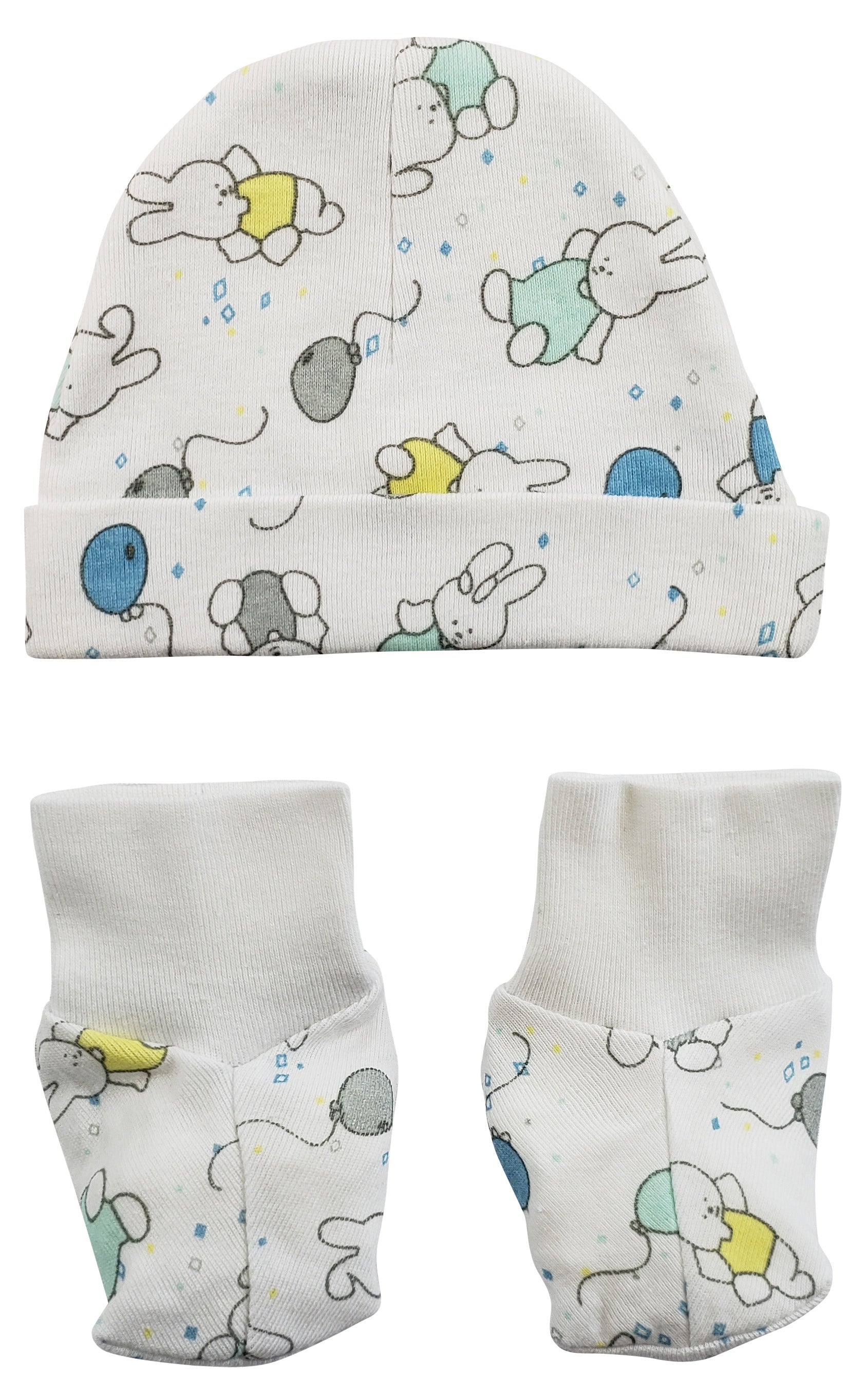 Newborn Baby Hat & Mittens Set – Soft Cotton, Cartoon Bunny & Balloon Print, Unisex Gift for Boys & Girls