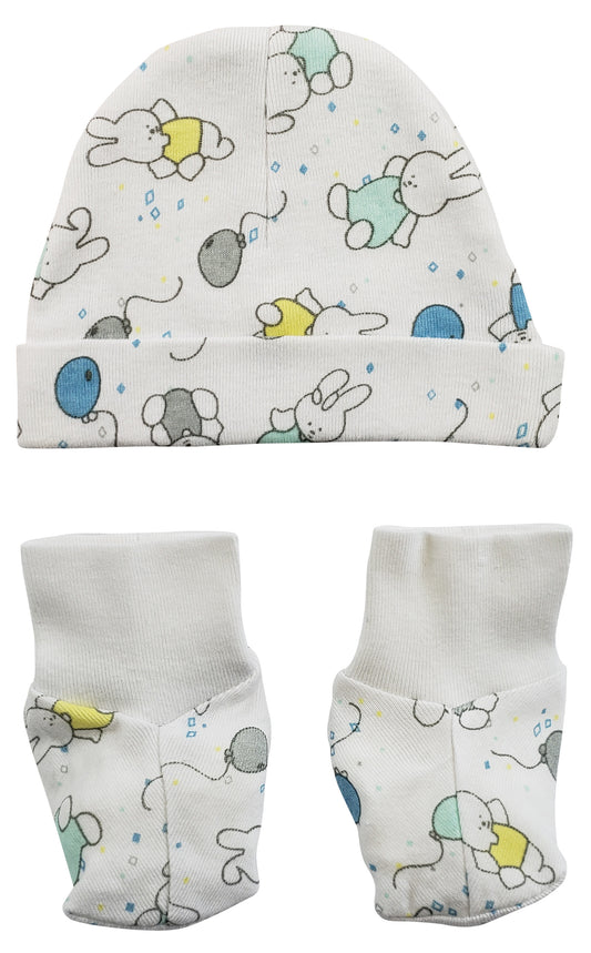 Newborn Baby Hat & Mittens Set – Soft Cotton, Cartoon Bunny & Balloon Print, Unisex Gift for Boys & Girls