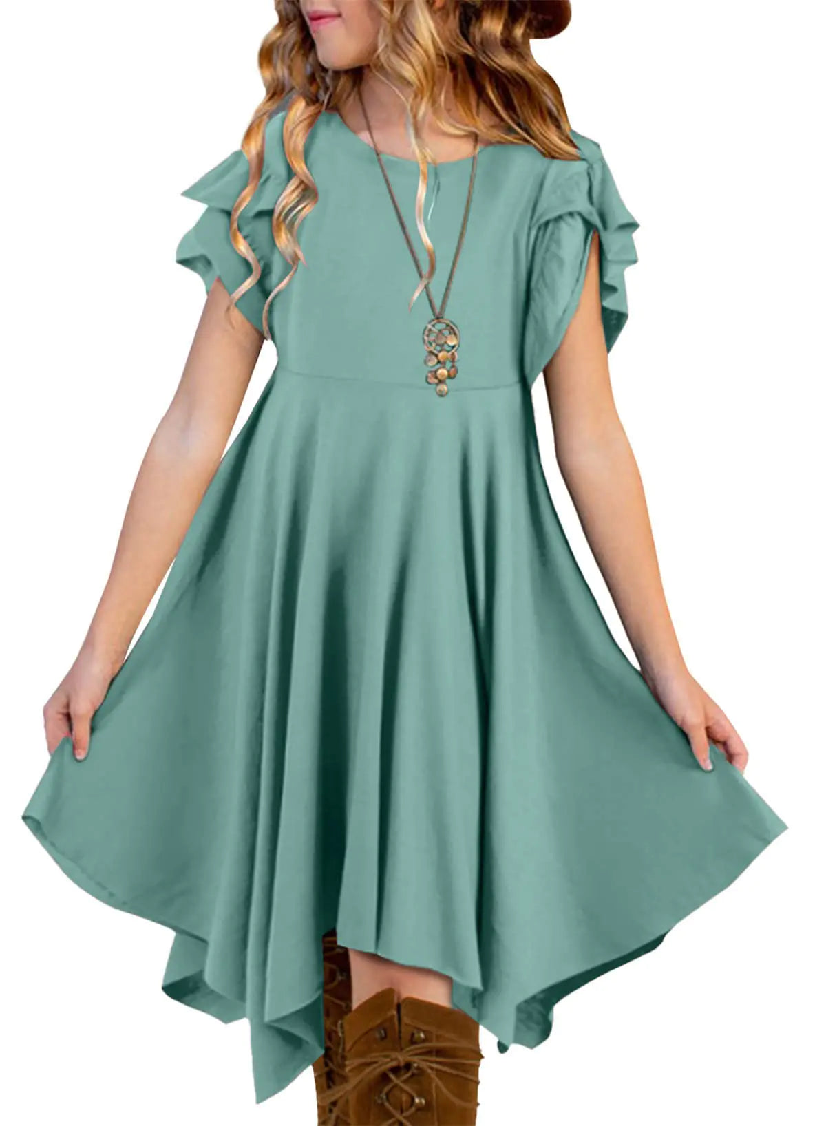 blibean Tween Girls Summer Dress Boho Short Sleeve Dresses Cute Clothes High Low Outfits Teen Trendy Clothing Size 10-11 Years Old Sage Green