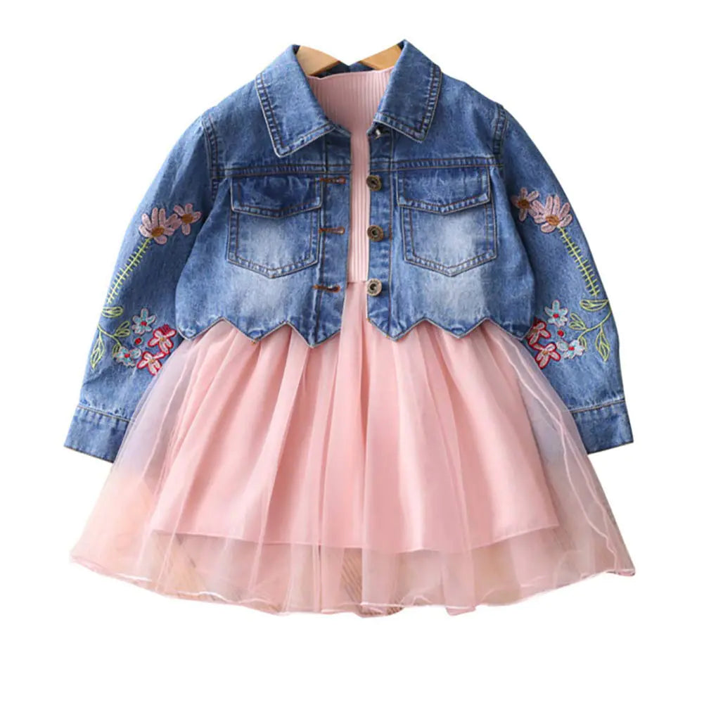 Spring Autumn Little Girls Clothing Set Child Kids Denim Jacket and Long Sleeve Dress 2 Pieces Set (6T Pink)