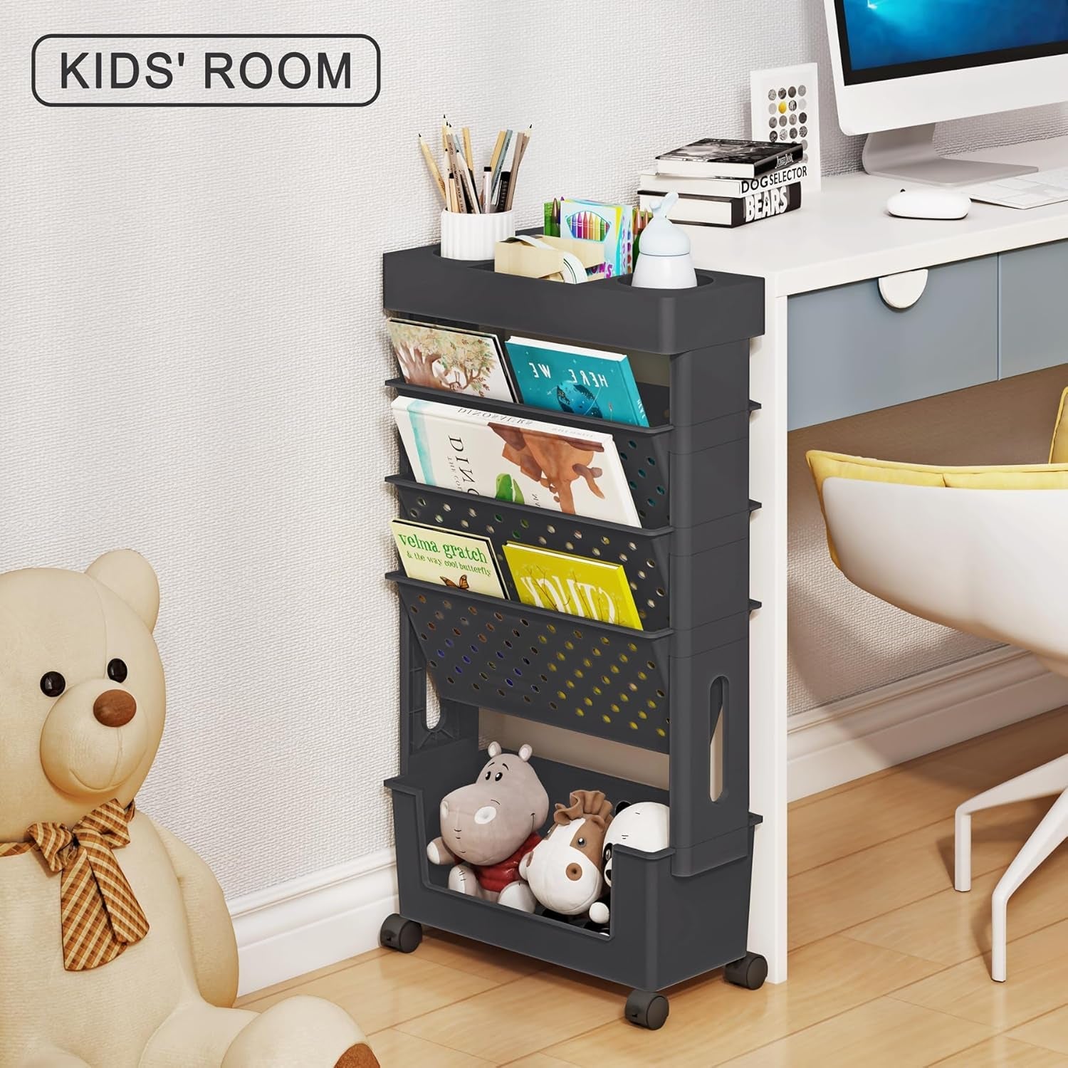 5-Tier Mobile Bookshelf, Rolling Bookcase Book Storage Rack, Movable