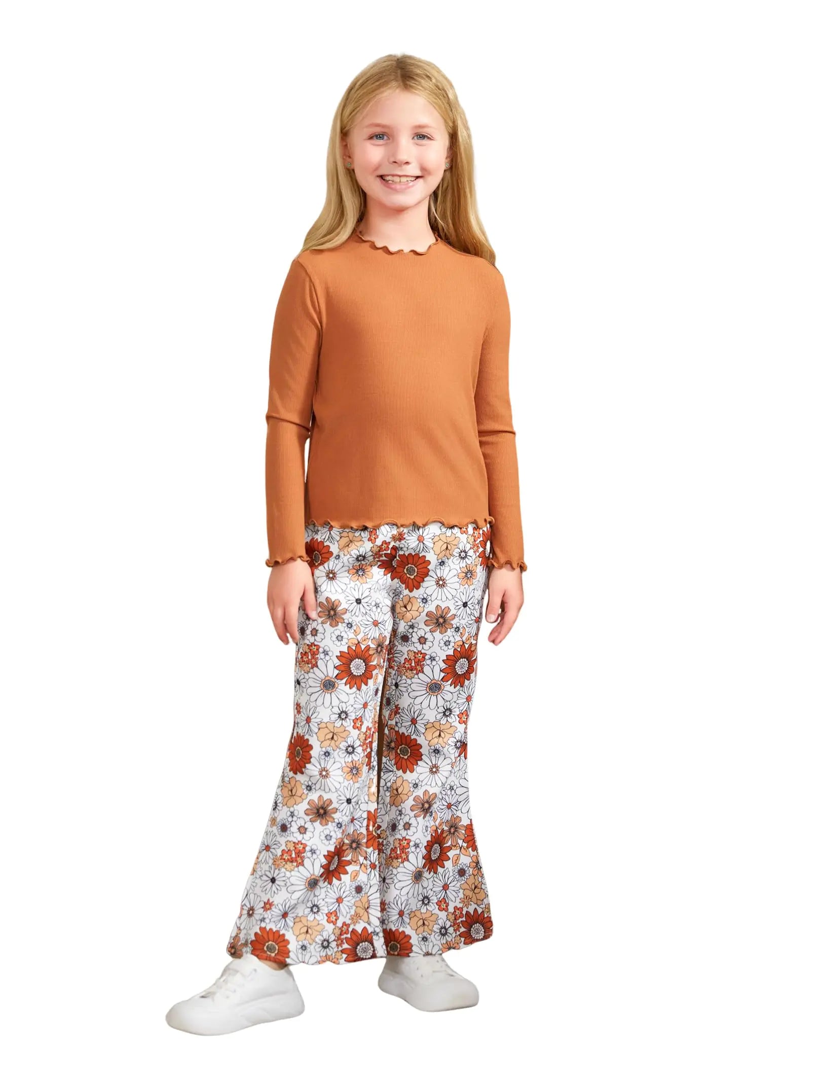 PATPAT Girls 2 Piece Pant Sets Fall Outfits Brown Floral Long Sleeve Ribbed Knit Top and Flared Pants Clothing Sets For Girls 10-11 Years