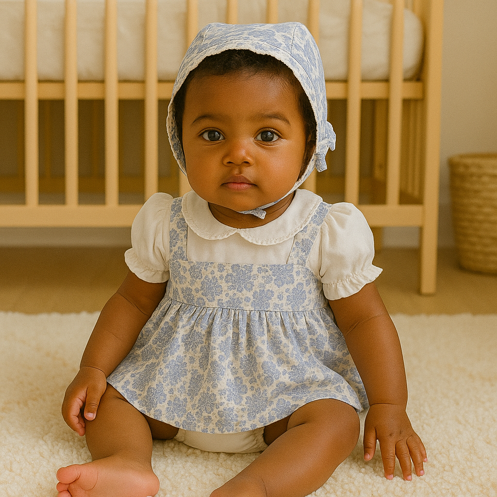 Baby Girl Vintage Floral Dress Set with Matching Bonnet – Elegant 2-Piece Outfit