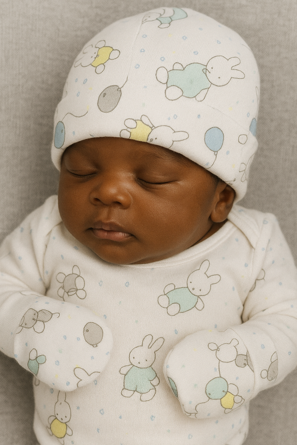 Newborn Baby Hat & Mittens Set – Soft Cotton, Cartoon Bunny & Balloon Print, Unisex Gift for Boys & Girls