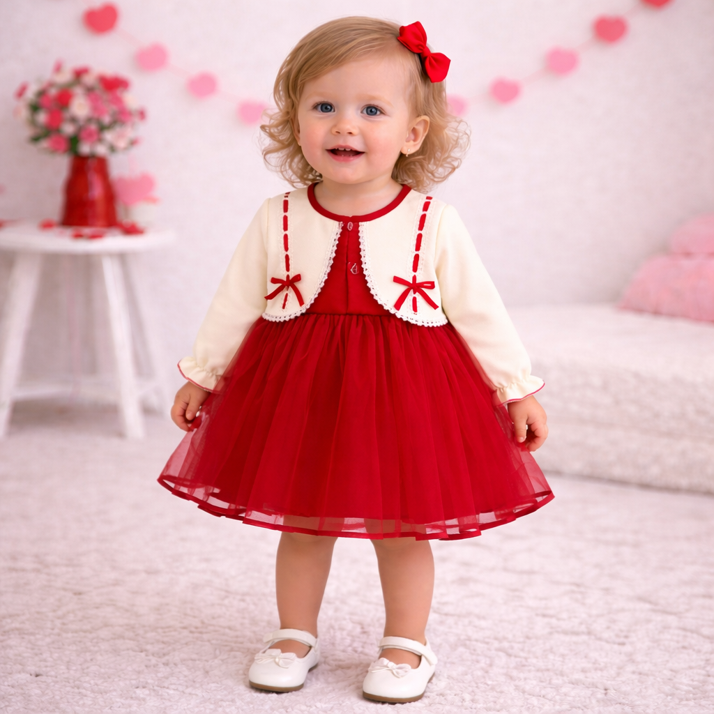 Valentine’s Day Baby & Toddler Girl Red Tulle Princess Dress with Lace Bolero – Long Sleeve Holiday Party Dress
