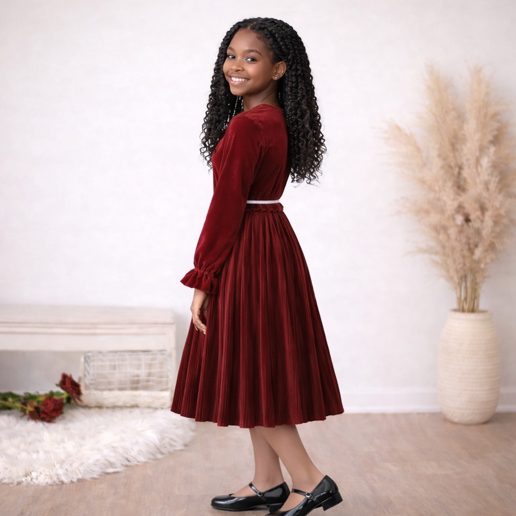 Teen Red Velvet Pleated Dress – Long Sleeve Valentine’s Day Party Midi Dress for Girls