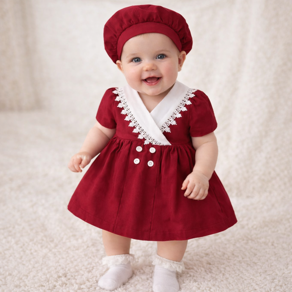Baby & Toddler Valentine Lace Collar Dress with Matching Beret – Burgundy Puff Sleeve Outfit (6M–3T)