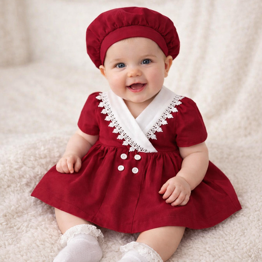 Baby & Toddler Valentine Lace Collar Dress with Matching Beret – Burgundy Puff Sleeve Outfit (6M–3T)