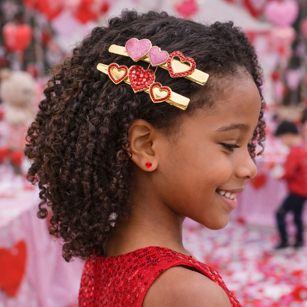 Girls Valentine’s Day Heart-Shaped Hairpins – Glitter & Rhinestone Gold Hair Clips (Set of 4)