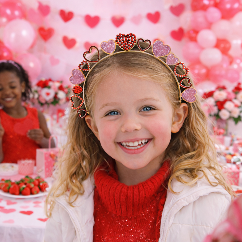 Girls Valentine Heart Rhinestone Headband – Glitter Pink & Red Crystal Love Crown for Kids Party Outfit