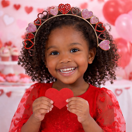 Girls Valentine Heart Rhinestone Headband – Glitter Pink & Red Crystal Love Crown for Kids Party Outfit