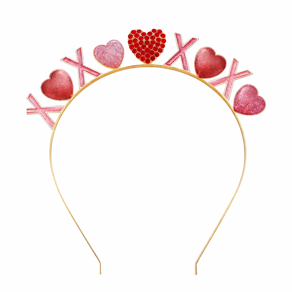 Girls XO Valentine Headband – Red & Pink Glitter Heart Rhinestone Hair Accessory for Kids Party Outfit