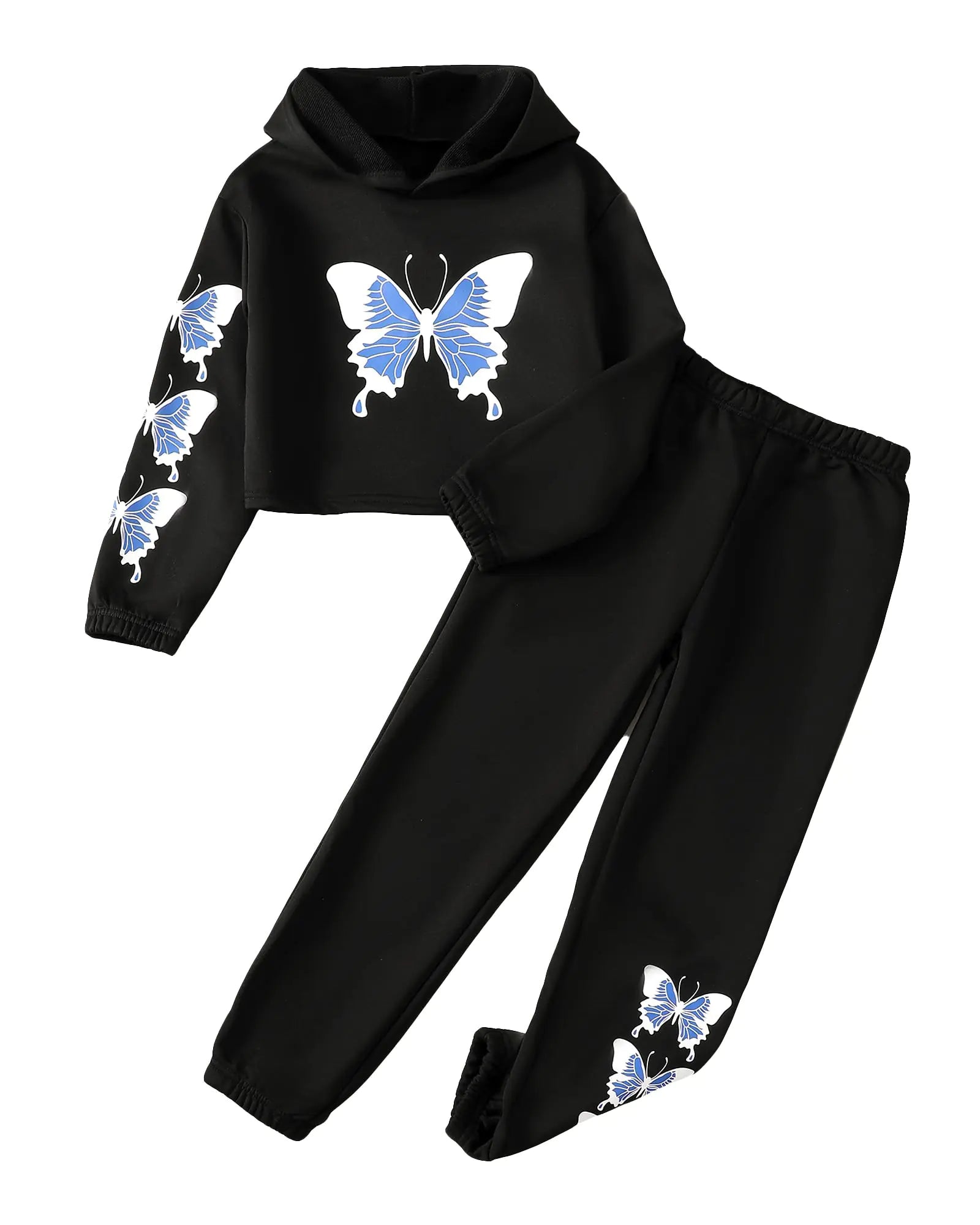 YOURUIKEY Girls Clothing Set Crop Tops Hoodies Butterfly Print Sweatshirt Black Sweatpants Fall Winter Outfit Tween Girl Clothes 13-14