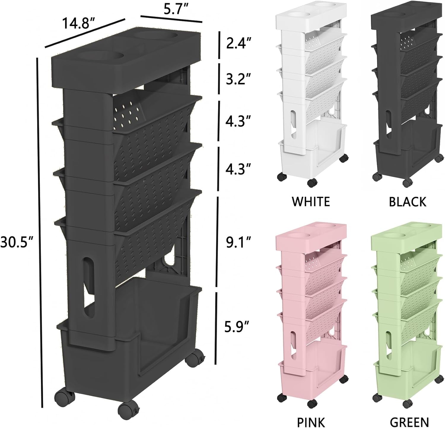 5-Tier Mobile Bookshelf, Rolling Bookcase Book Storage Rack, Movable