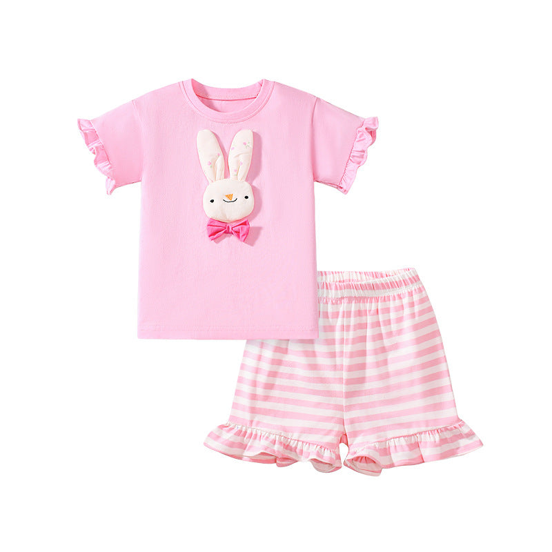 Summer Baby Kids Cartoon Rabbit Pattern T-shirt and Striped Bloomers