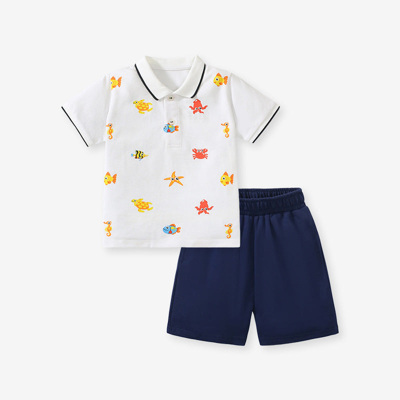 Boys Marine Print Polo Top And Casual Shorts Set