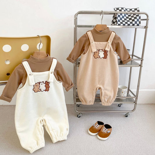 Unisex Teddy Bear Fleece Overalls Outfit Set – Cozy 2-Piece Baby & Toddler Fall/Winter Clothing (3–24 Months)