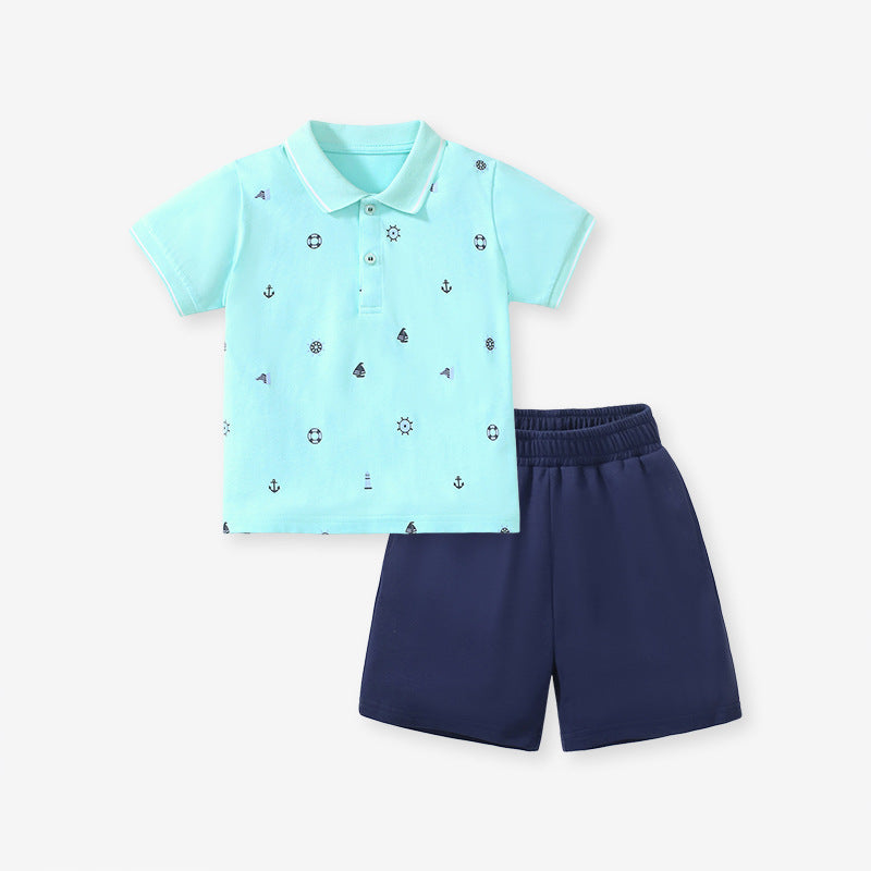 Boys Marine Print Polo Top And Casual Shorts Set