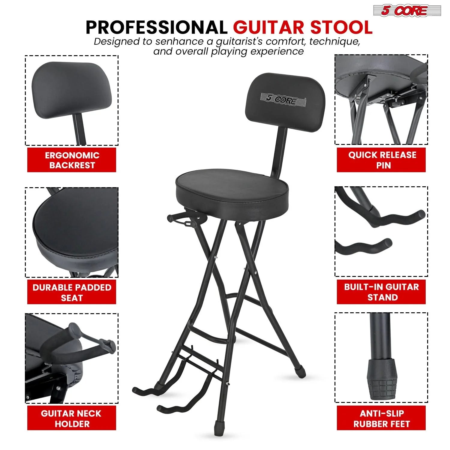 Kids  Professional Guitar Stool With Adjustable Backrest Padded Seat