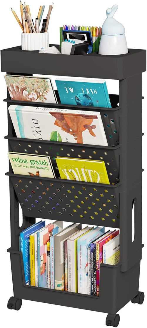 5-Tier Mobile Bookshelf, Rolling Bookcase Book Storage Rack, Movable