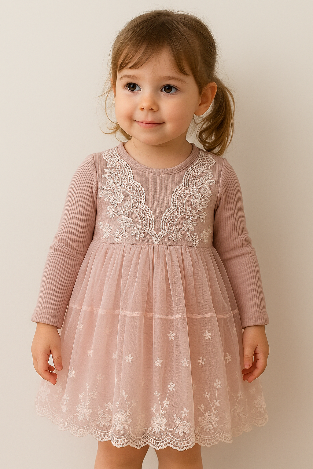 Pink Lace Tulle Long-Sleeve Dress for Girls – Elegant Floral Embroidered Party Dress