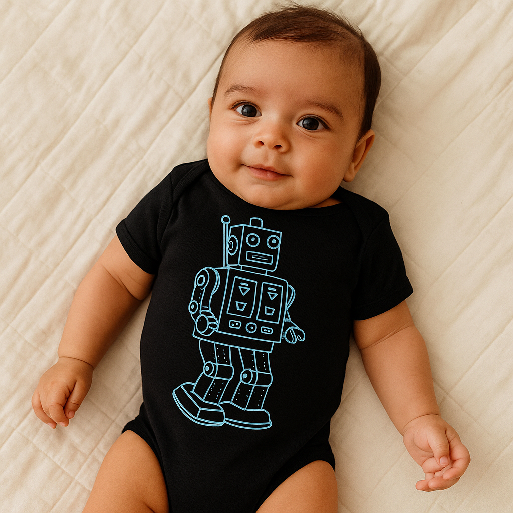 Vintage Robot Baby Onesie – Soft Cotton Infant Bodysuit for Boys & Girls | Retro Robot Graphic Baby Outfit