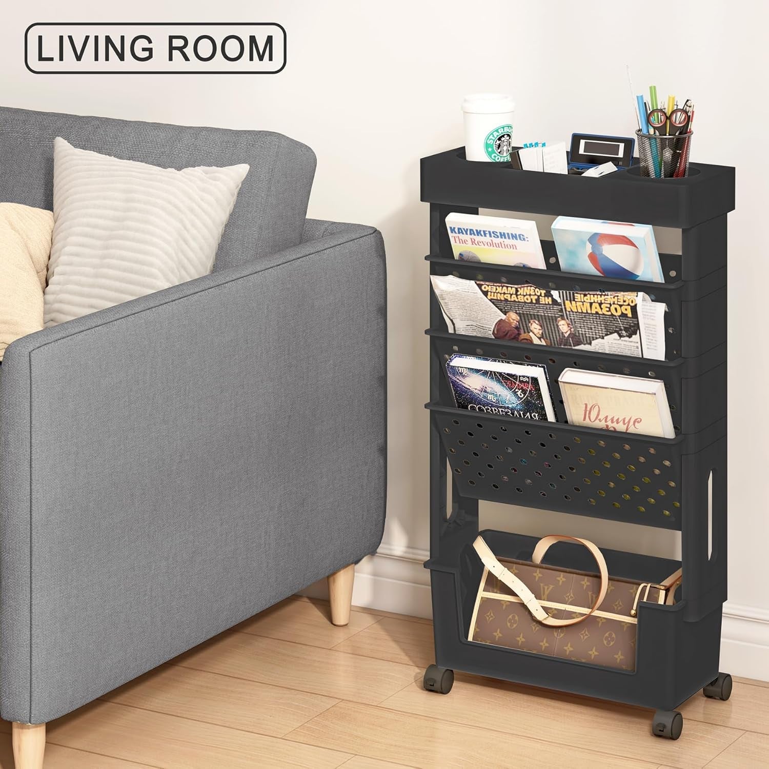 5-Tier Mobile Bookshelf, Rolling Bookcase Book Storage Rack, Movable