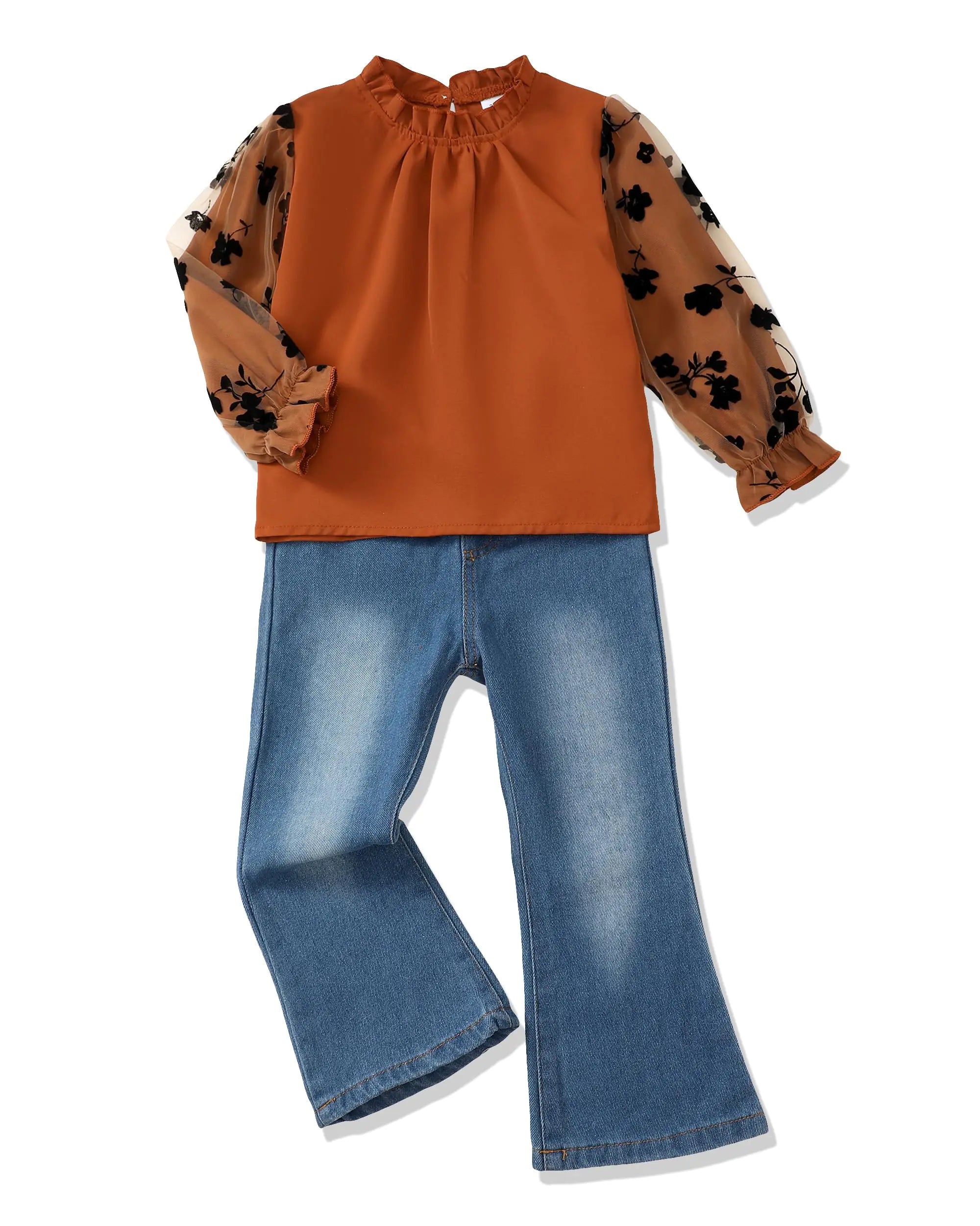 Renotemy 4T Girl Clothes Winter Size 5 Girls Clothes Brown Tulle Shirts Bell Bottom Jeans Set Fall Outfits For Girls Long Sleeve 4t Girls Outfits Kids Clothing