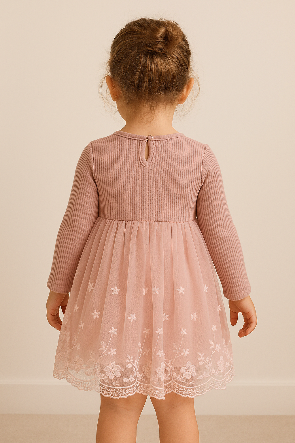 Pink Lace Tulle Long-Sleeve Dress for Girls – Elegant Floral Embroidered Party Dress
