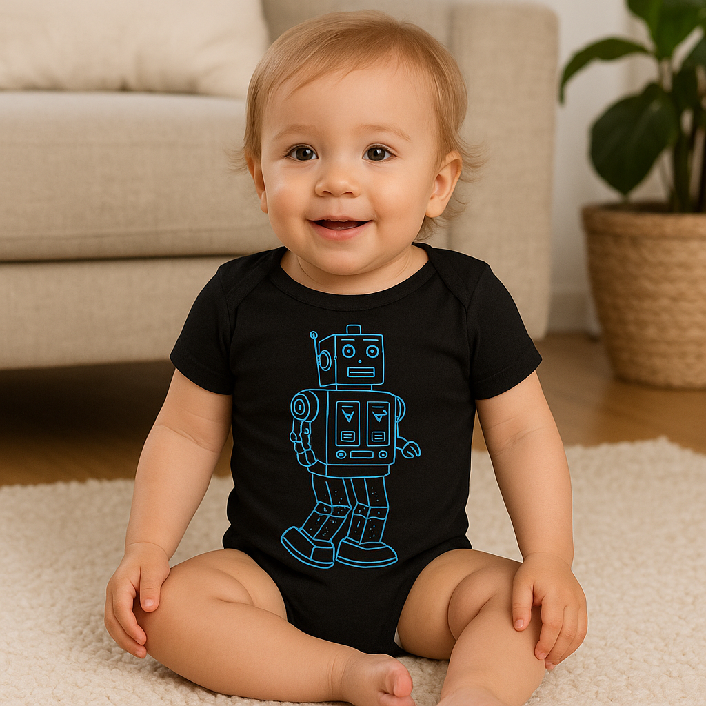 Vintage Robot Baby Onesie – Soft Cotton Infant Bodysuit for Boys & Girls | Retro Robot Graphic Baby Outfit