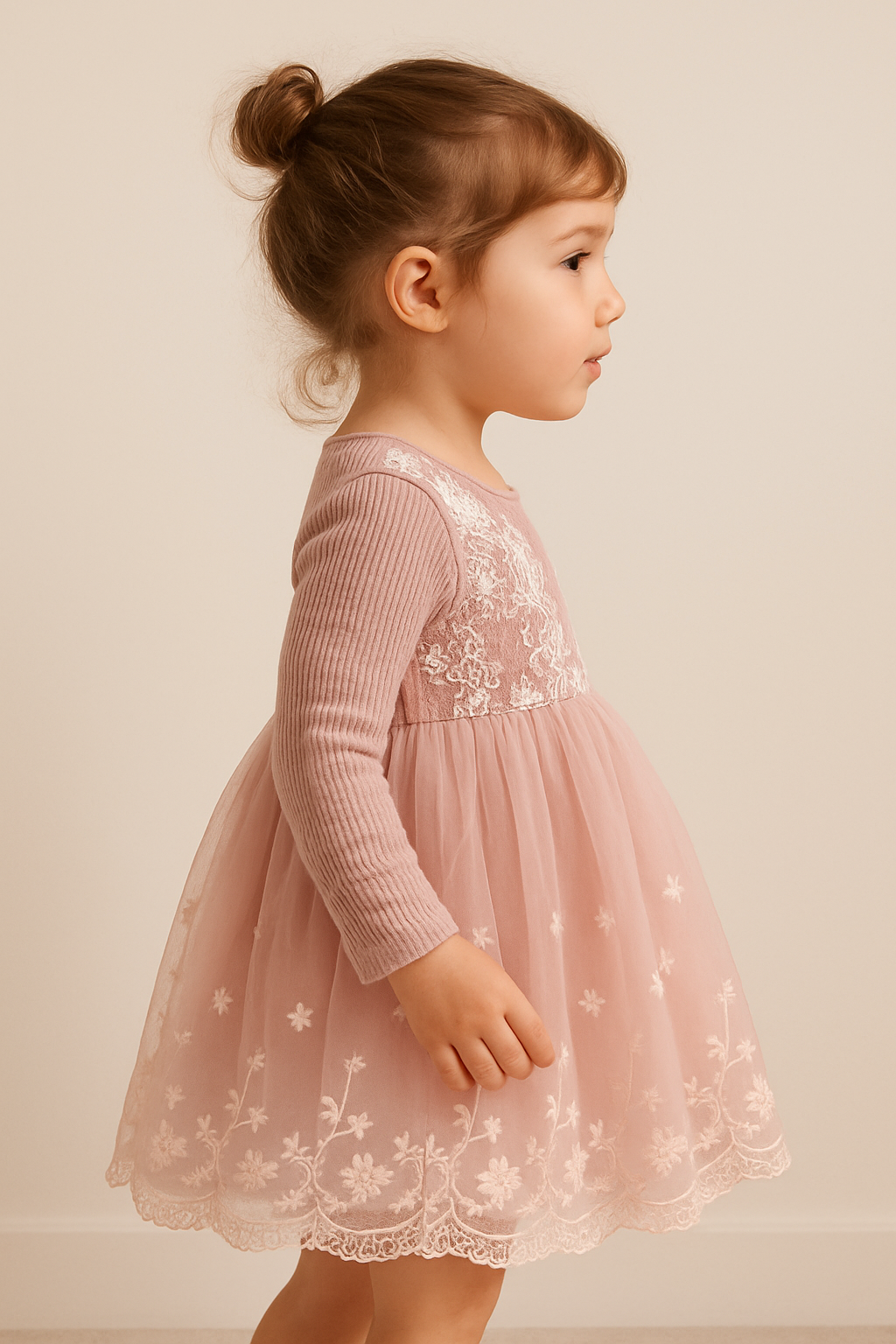 Pink Lace Tulle Long-Sleeve Dress for Girls – Elegant Floral Embroidered Party Dress