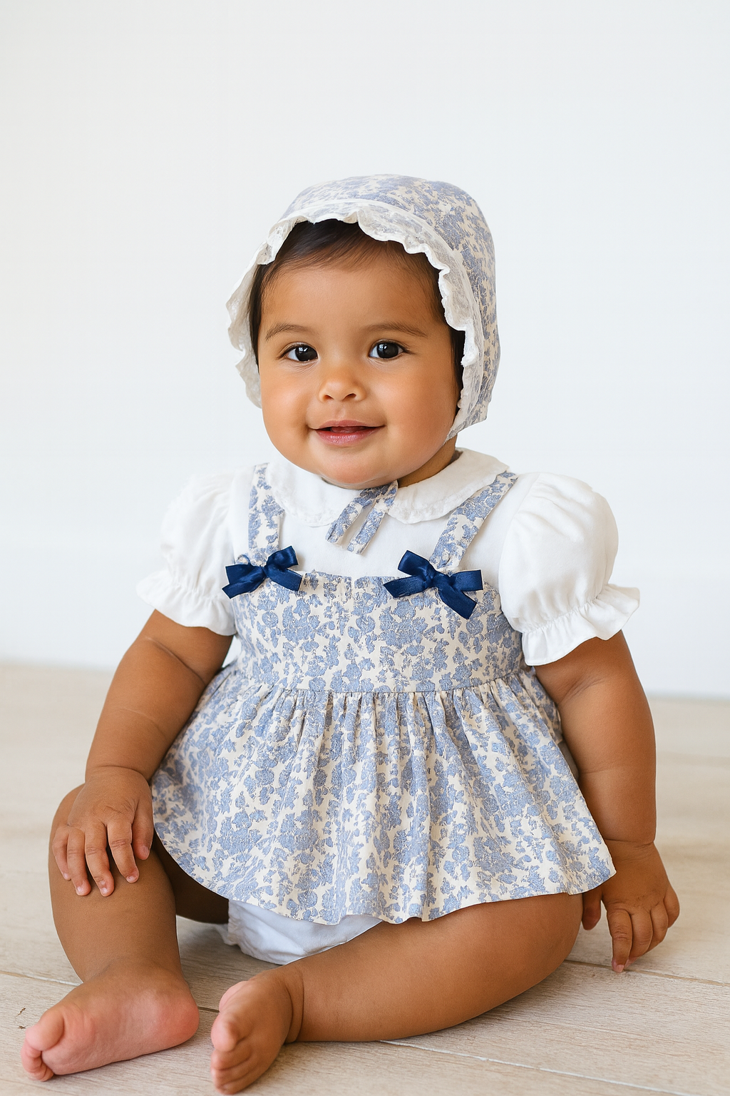 Baby Girl Vintage Floral Dress Set with Matching Bonnet – Elegant 2-Piece Outfit