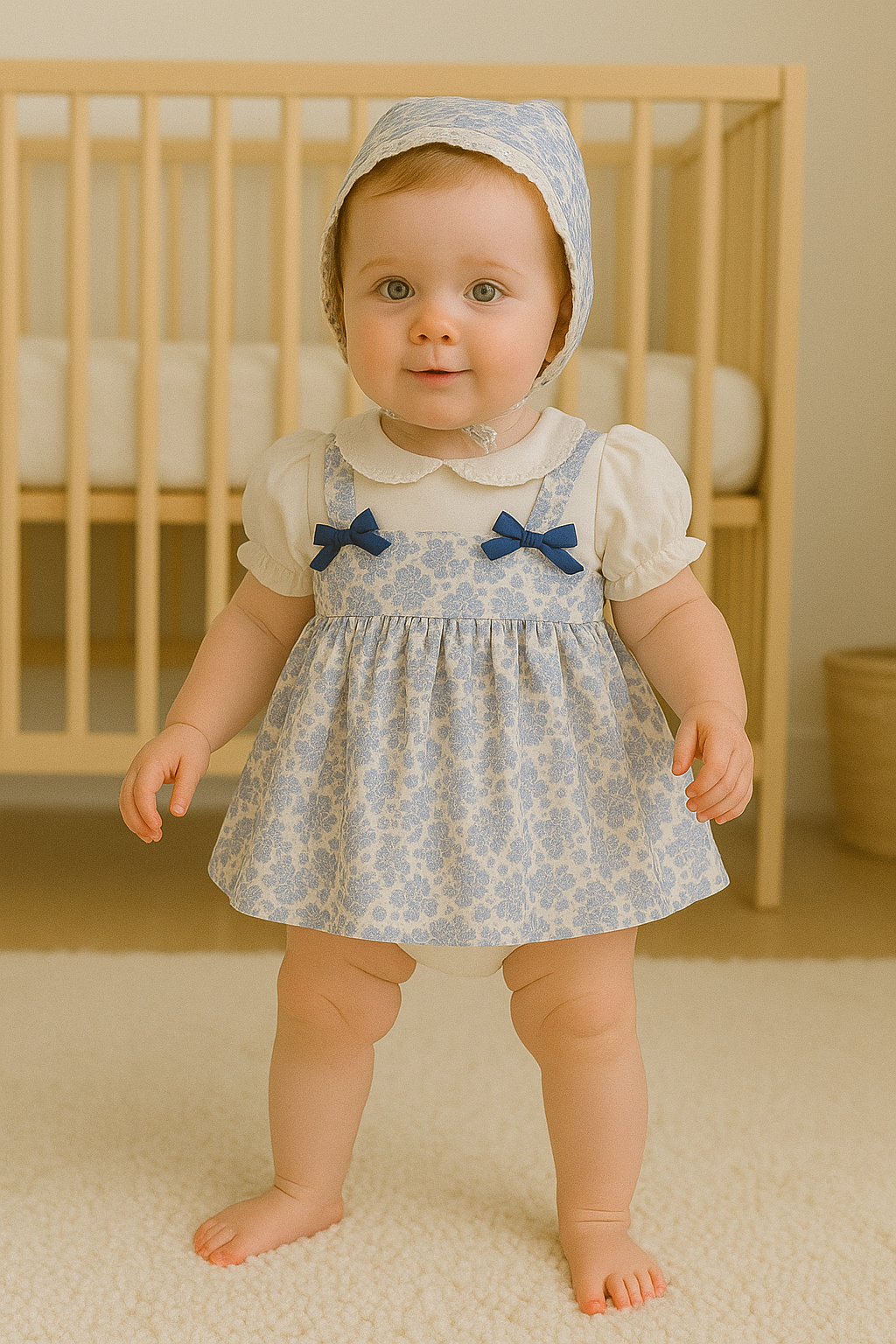 Baby Girl Vintage Floral Dress Set with Matching Bonnet – Elegant 2-Piece Outfit