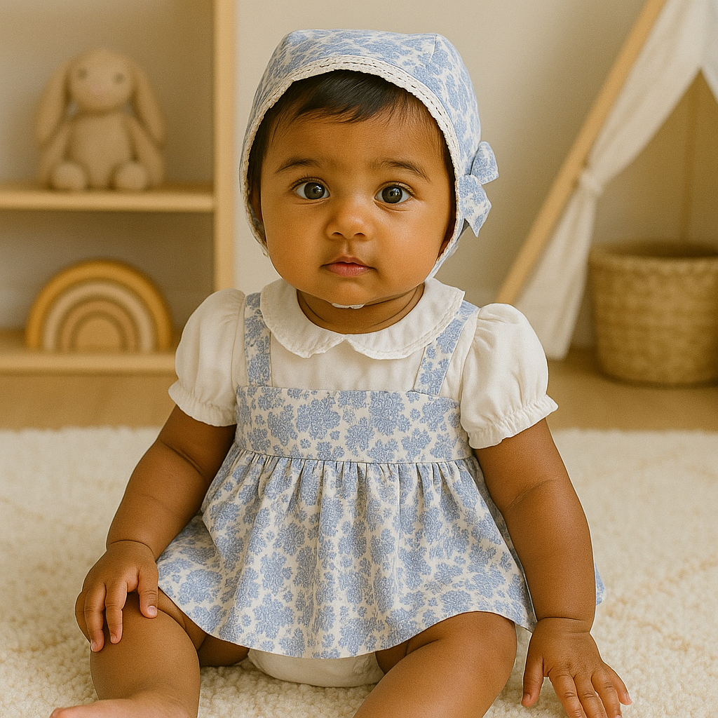 Baby Girl Vintage Floral Dress Set with Matching Bonnet – Elegant 2-Piece Outfit
