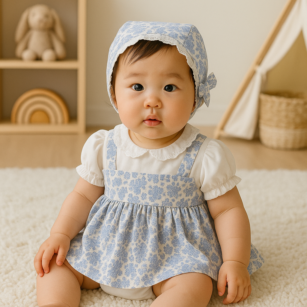 Baby Girl Vintage Floral Dress Set with Matching Bonnet – Elegant 2-Piece Outfit