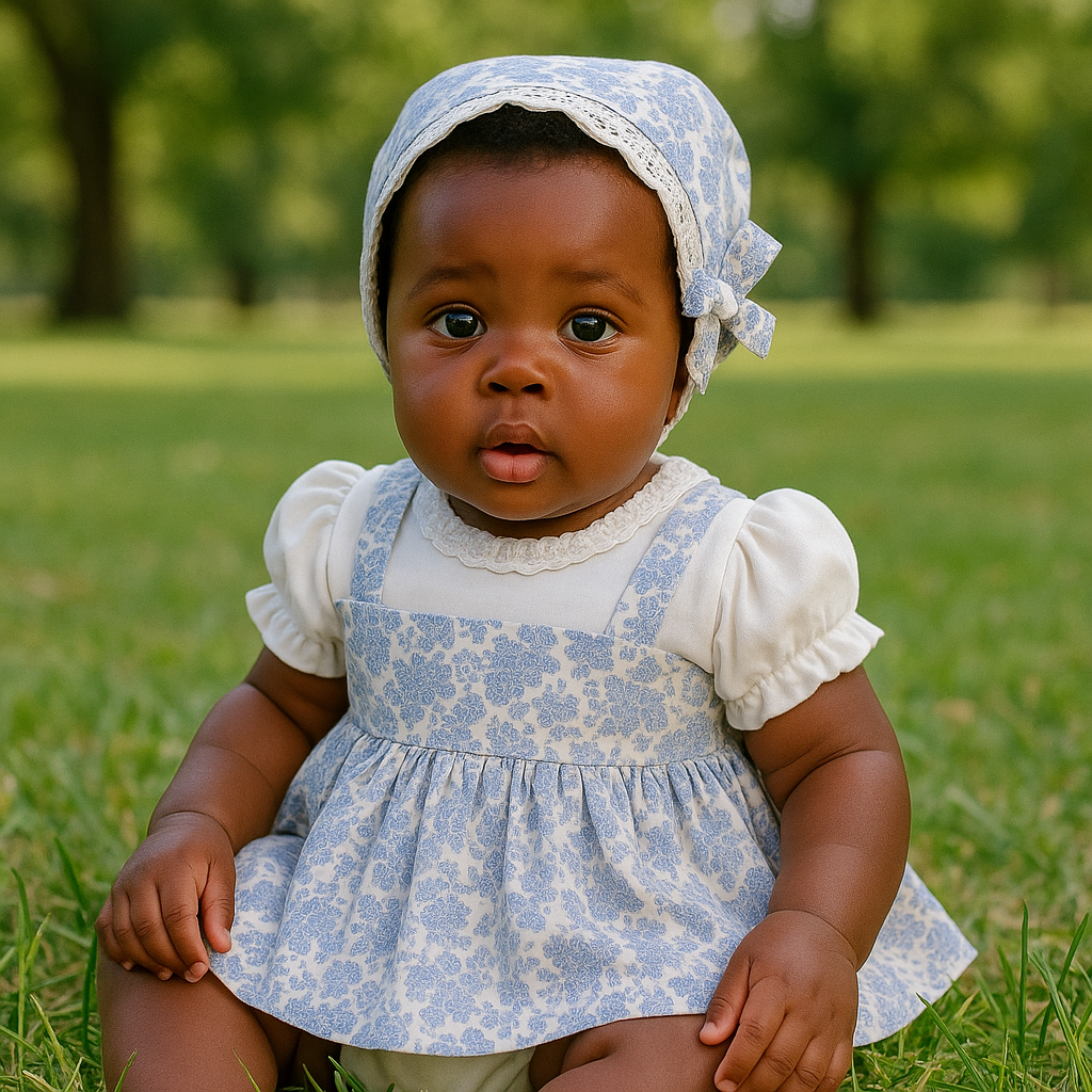 Baby Girl Vintage Floral Dress Set with Matching Bonnet – Elegant 2-Piece Outfit