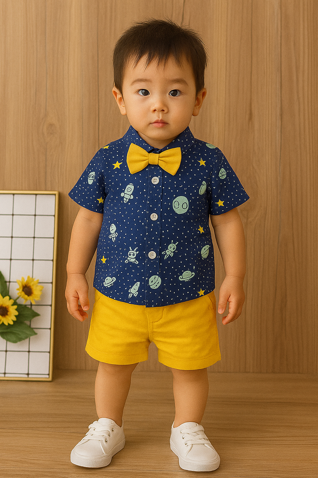 Toddler Boys 2-Piece Outfit – Space Print Shirt with Yellow Bow Tie & Shorts Set