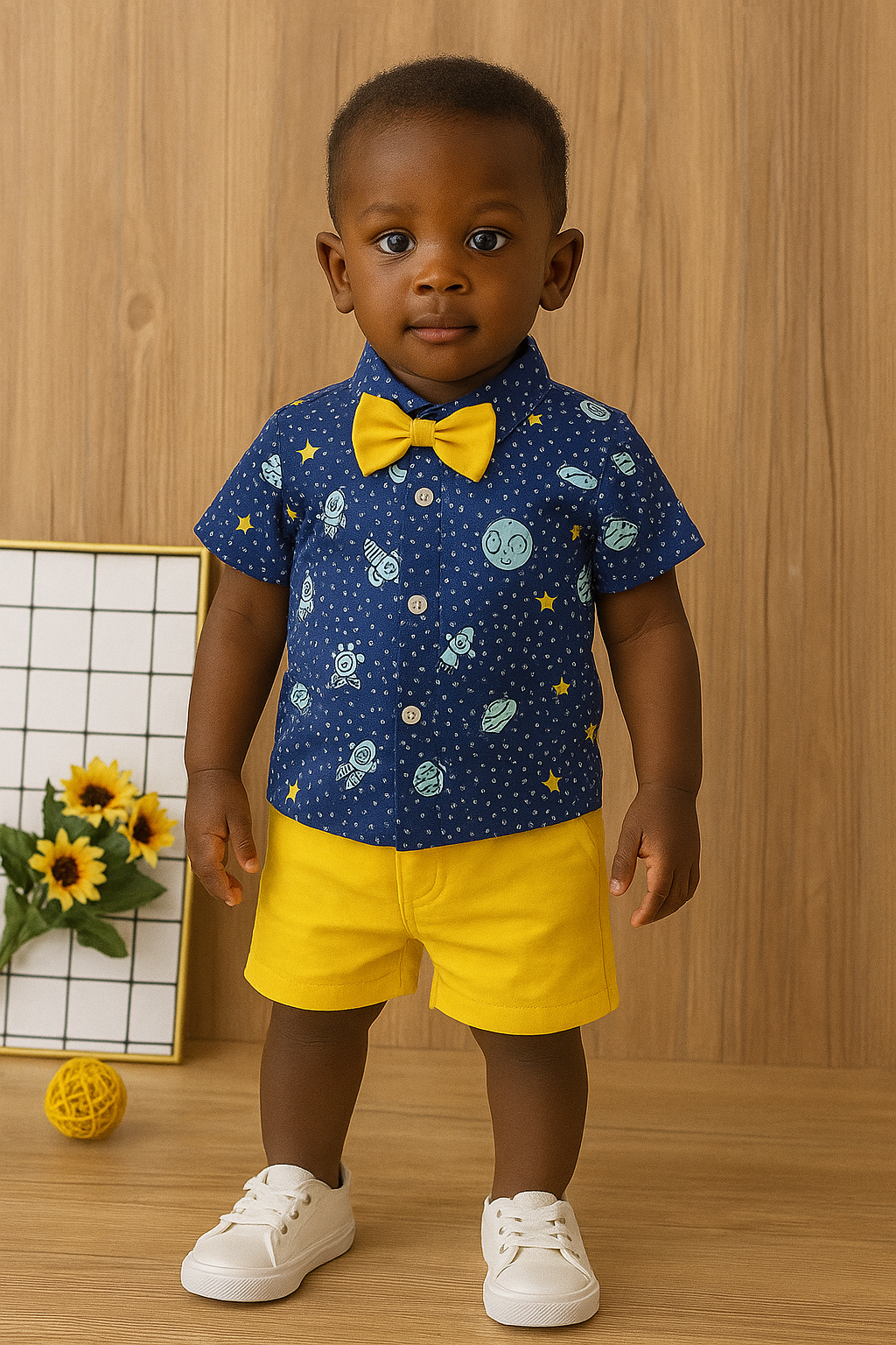 Toddler Boys 2-Piece Outfit – Space Print Shirt with Yellow Bow Tie & Shorts Set