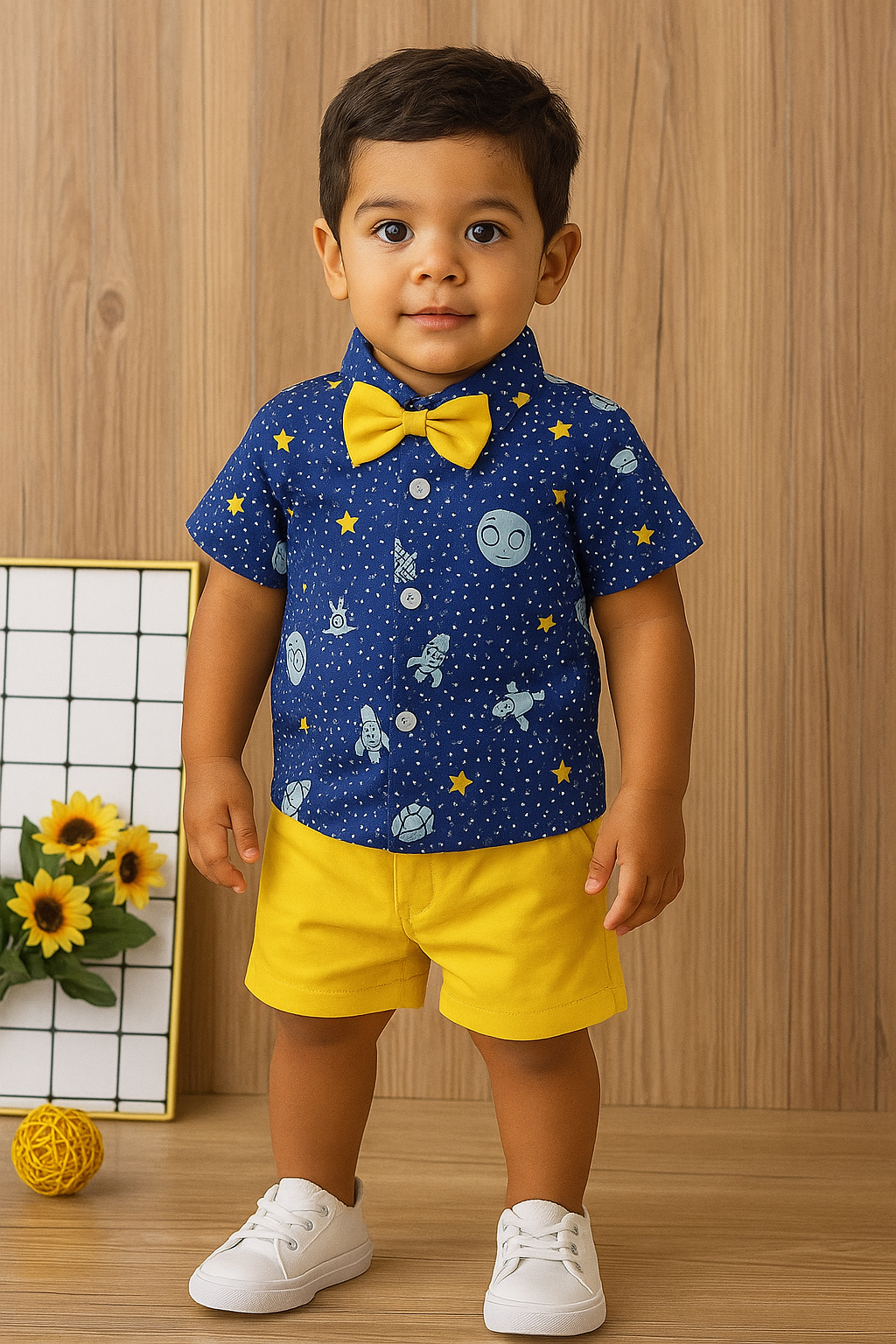 Toddler Boys 2-Piece Outfit – Space Print Shirt with Yellow Bow Tie & Shorts Set
