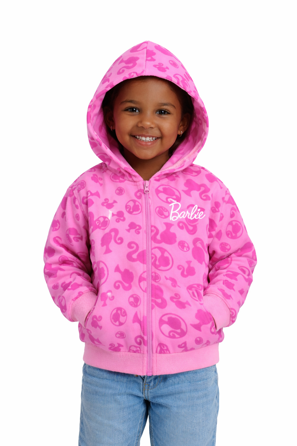 Girls Pink Barbie Zip-Up Hoodie – Toddler & Little Kids Cozy Fleece Jacket with Hood