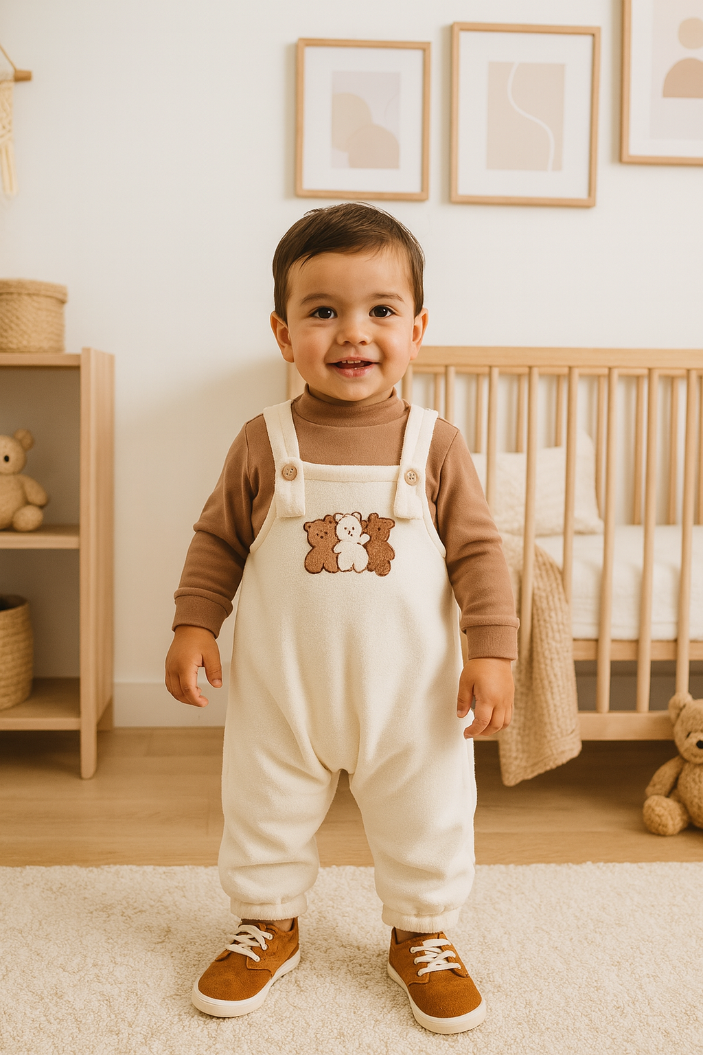 Unisex Teddy Bear Fleece Overalls Outfit Set – Cozy 2-Piece Baby & Toddler Fall/Winter Clothing (3–24 Months)