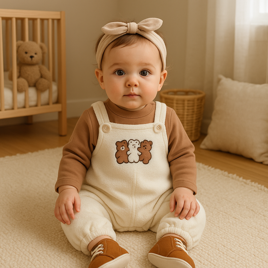 Unisex Teddy Bear Fleece Overalls Outfit Set – Cozy 2-Piece Baby & Toddler Fall/Winter Clothing (3–24 Months)