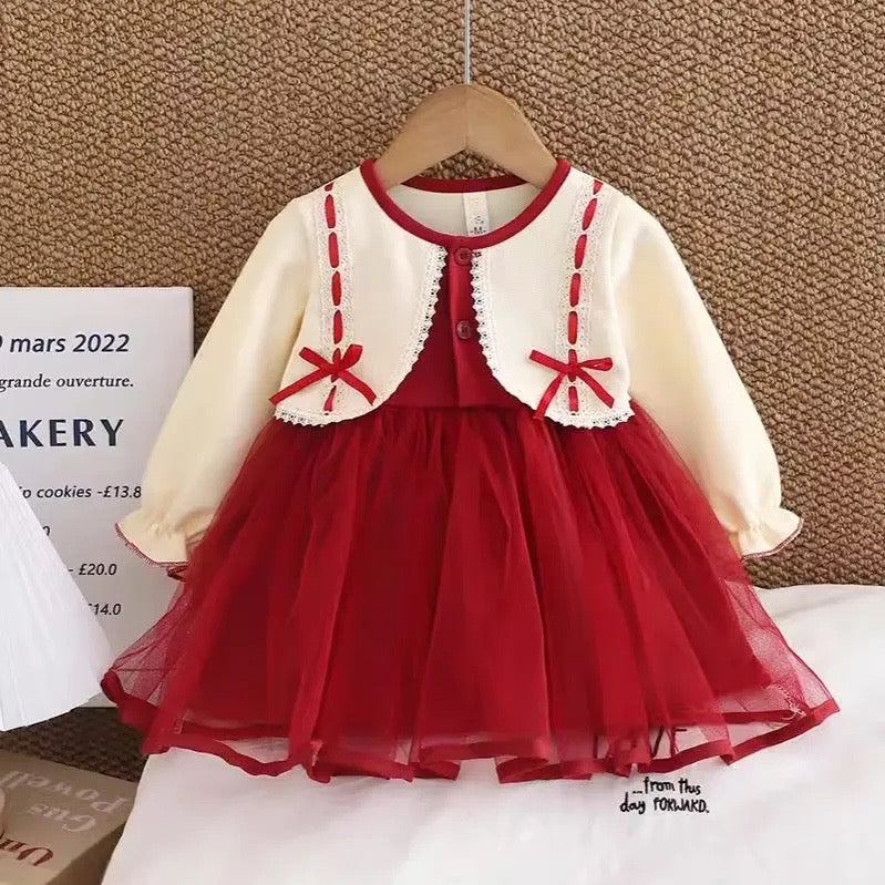 Valentine’s Day Baby & Toddler Girl Red Tulle Princess Dress with Lace Bolero – Long Sleeve Holiday Party Dress