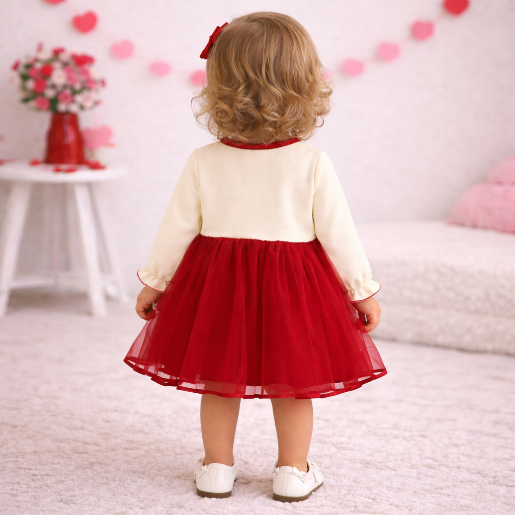 Valentine’s Day Baby & Toddler Girl Red Tulle Princess Dress with Lace Bolero – Long Sleeve Holiday Party Dress