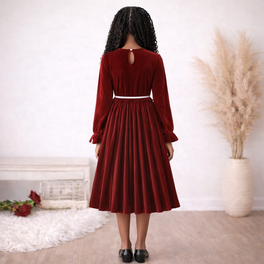 Teen Red Velvet Pleated Dress – Long Sleeve Valentine’s Day Party Midi Dress for Girls