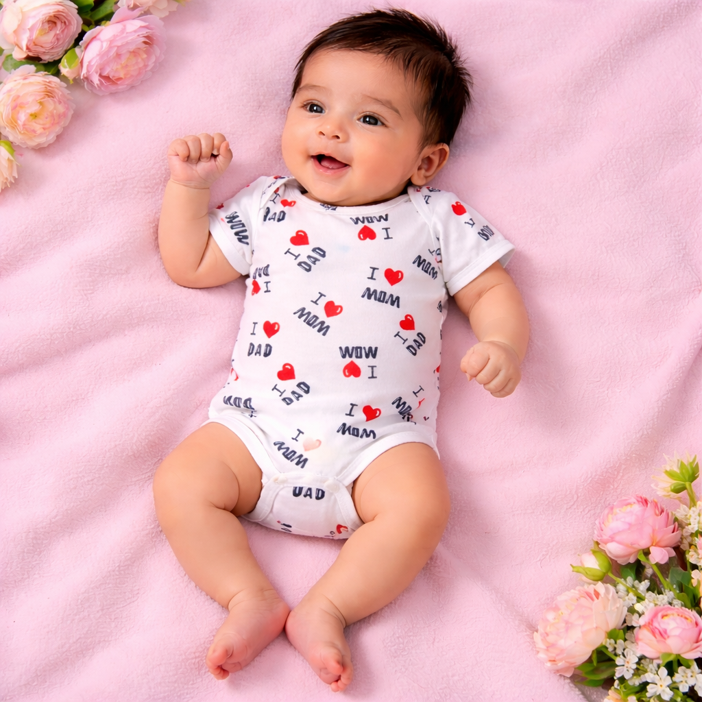 Baby “I Love Mom & Dad” Cotton Onesie – Soft Short Sleeve Bodysuit for Infant Photos & Everyday Wear