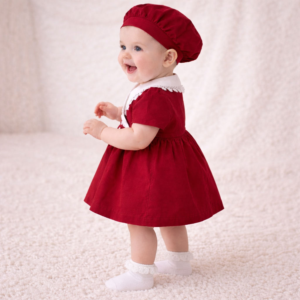 Baby & Toddler Valentine Lace Collar Dress with Matching Beret – Burgundy Puff Sleeve Outfit (6M–3T)