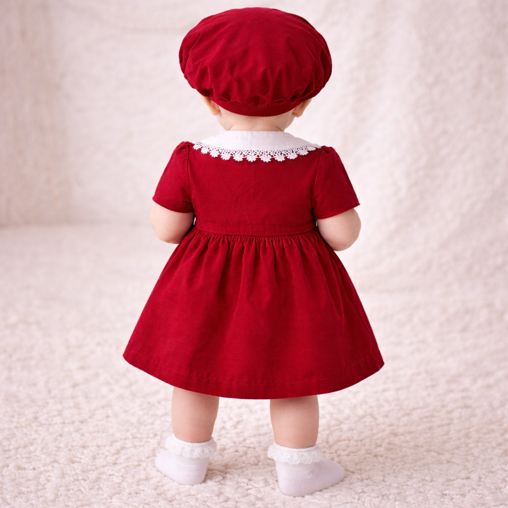 Baby & Toddler Valentine Lace Collar Dress with Matching Beret – Burgundy Puff Sleeve Outfit (6M–3T)