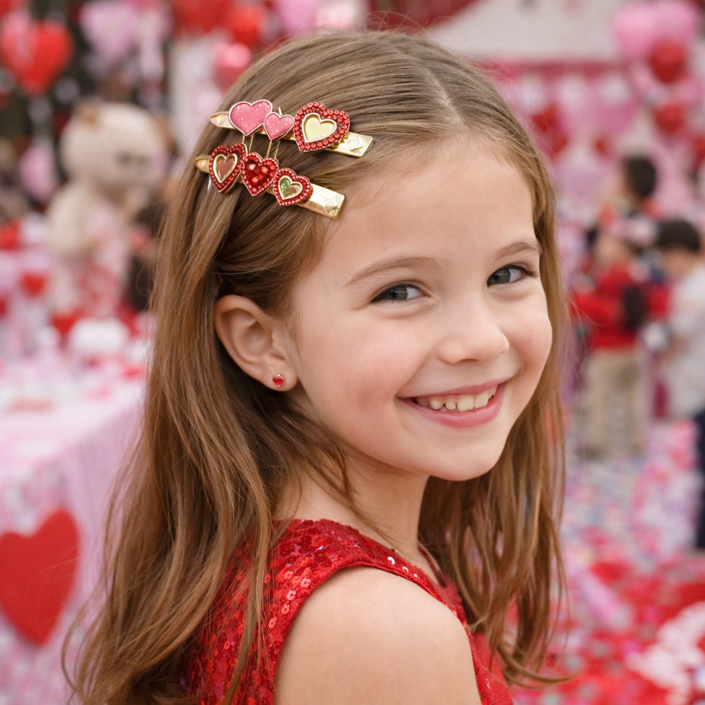 Girls Valentine’s Day Heart-Shaped Hairpins – Glitter & Rhinestone Gold Hair Clips (Set of 4)