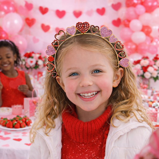 Girls Valentine Heart Rhinestone Headband – Glitter Pink & Red Crystal Love Crown for Kids Party Outfit